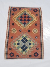 Feine Vintage traditionelle handgefertigte orientalische Wolle orange blau Kelim 142x100cm