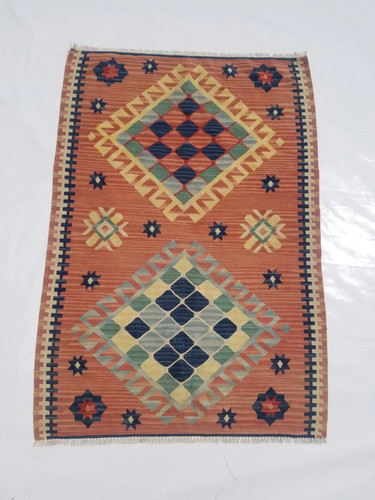 Fine Vintage Traditional Hand Made Oriental Wool Orange Blue Kilim 142x100cm