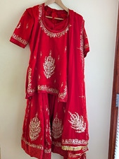 Handmade Red  Gold Embroidered Lehenga Set 5  Piece Choli, Tunic, Skirt Dupatta