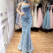 Elegant Mermaid Wedding Dress Blue 3D Flower Appliques Strapless Scarf Evening