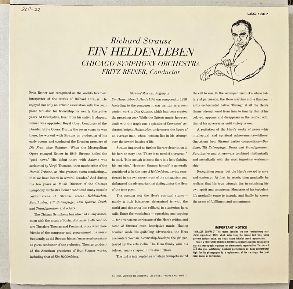 STRAUSS- Ein Heldenleben- REINERr/CHICAGO SYMPHONY- RCA LSC 1807 180 gram - Image 2 of 4