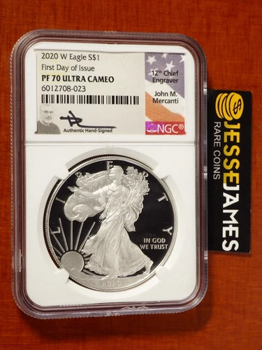 2020 W PROOF SILVER EAGLE NGC PF70 FIRST DAY OF ISSUE JOHN MERCANTI SIGNED LABEL