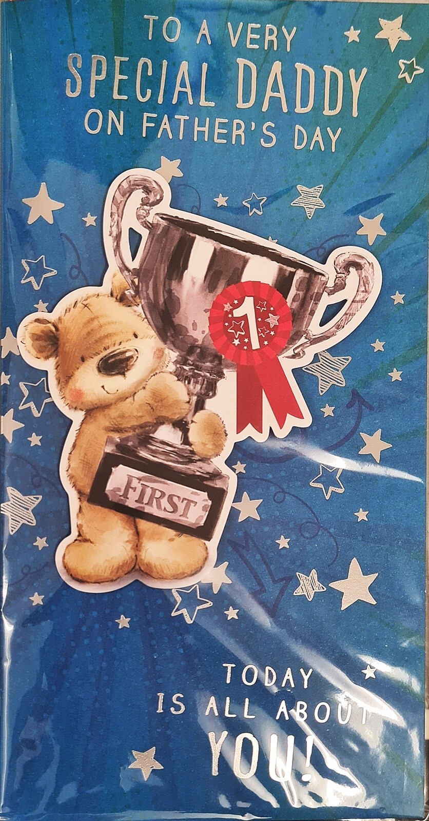 Happy Father's Day Card - Very Special Daddy - Bear with Trophy - Silver Foil