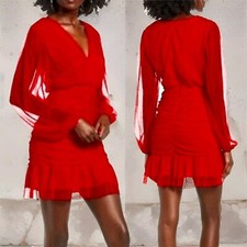 NEW 4SI3NNA Red Chiffon V-neck Long Sleeves Shirred Tulle Cocktail Party Dress S