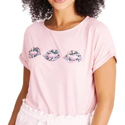 LIPPENSTIFT KISS T-SHIRT TOP LOUNGE BLUMEN SCHMOLLMUND MAKE-UP LÄSSIG BEQUEM TU - UK-GRÖSSE 8