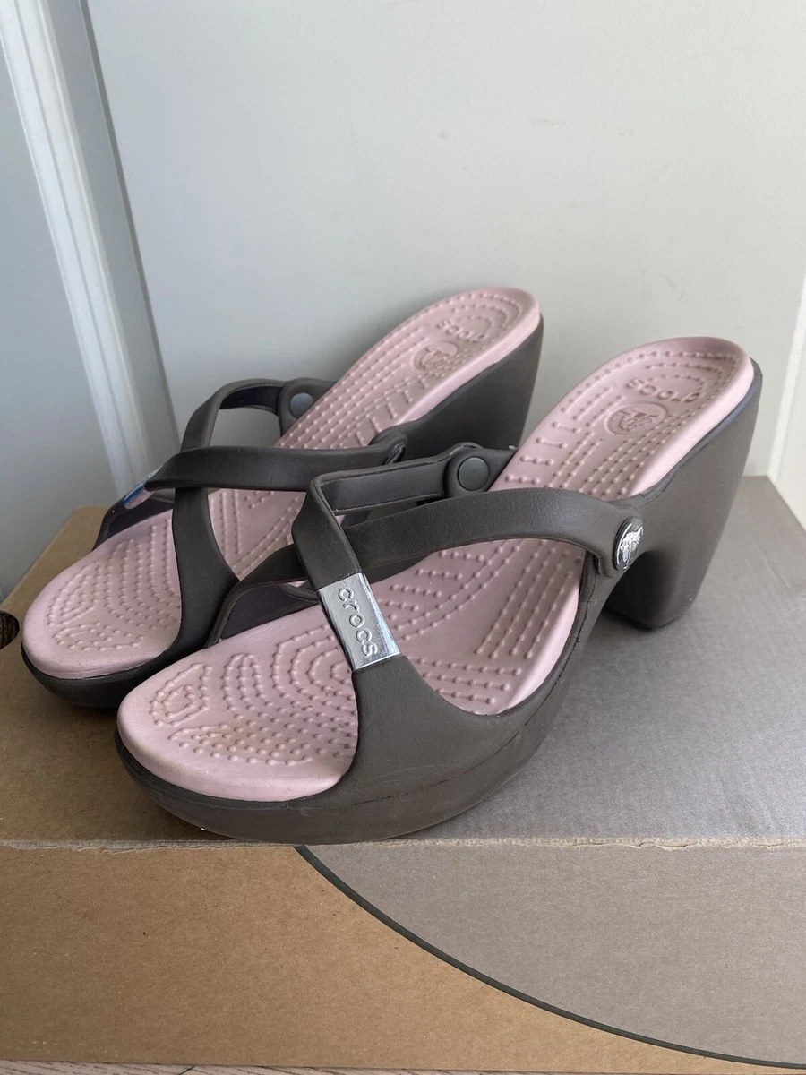 CROCS Cypress IV Brown/Pink Strappy Slip on High Heel Sandal Shoes - Size 7  W