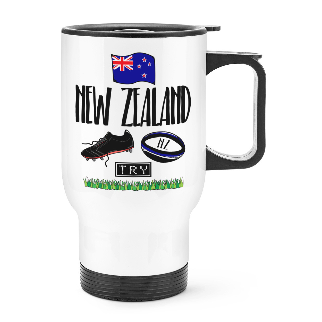 Rugby New Zealand Travel Mug Cup With Handle - Funny League Union Flag Thermal