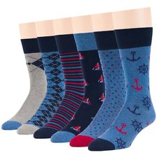 Men Cotton Casual Socks 6 Pack Novelty Sail Anchor Dot Striped Large Blue Grey