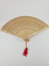 Vintage Chinese Hand Folding Fan Wood Openwork in Original Glass Box
