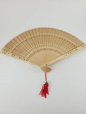 Vintage Chinese Hand Folding Fan Wood Openwork in Original Glass Box