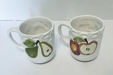 Sanor Ceramica Coffee Mugs White Basket Weave Raised Fruit Made in Portugal Two