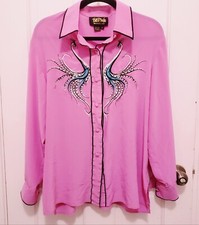 Bob Mackie Pink Shirt Womens L 100 Silk Peacock Embroidery