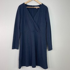 LOFT Dress 14 Navy Blue Polka Dot Surplice Neck A-Line Long Sleeve Stretch Women