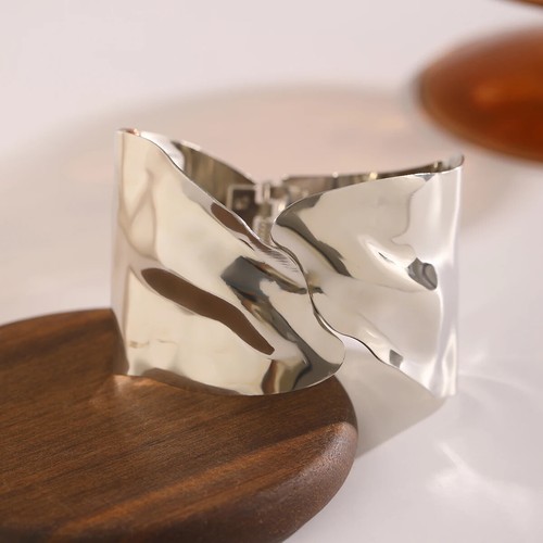 Brazalete ancho brazalete llamativo minimalista irregular oro plata asimétrico - Imagen 20 de 22