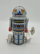 Vintage Retro Robot-7 Wind-Up Mechanical Tin Litho Toy Walking, Original Box NOS