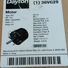 DAYTON 36VG29 HVAC MOTOR 1/20 HP-115V-1550 RPM (3SPD)  Type PSC  0.8 A