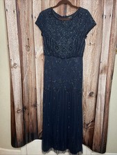 Adrianna Papell Women's Blue Beaded Short-Sleeve Gown Blouson Dress Size 10 M