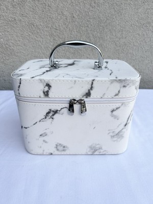 White Marble And Pink Cosmetic Makeup Vanity Hard Case Travel Train Mirror