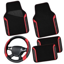 CAR PASS Leather Steering Wheel Cover and Waterproof Car Floor Black Red