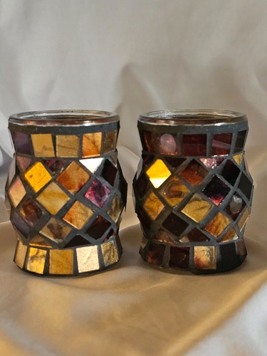 Retro mosaic glass candle holders set of 2 red gold iridescent