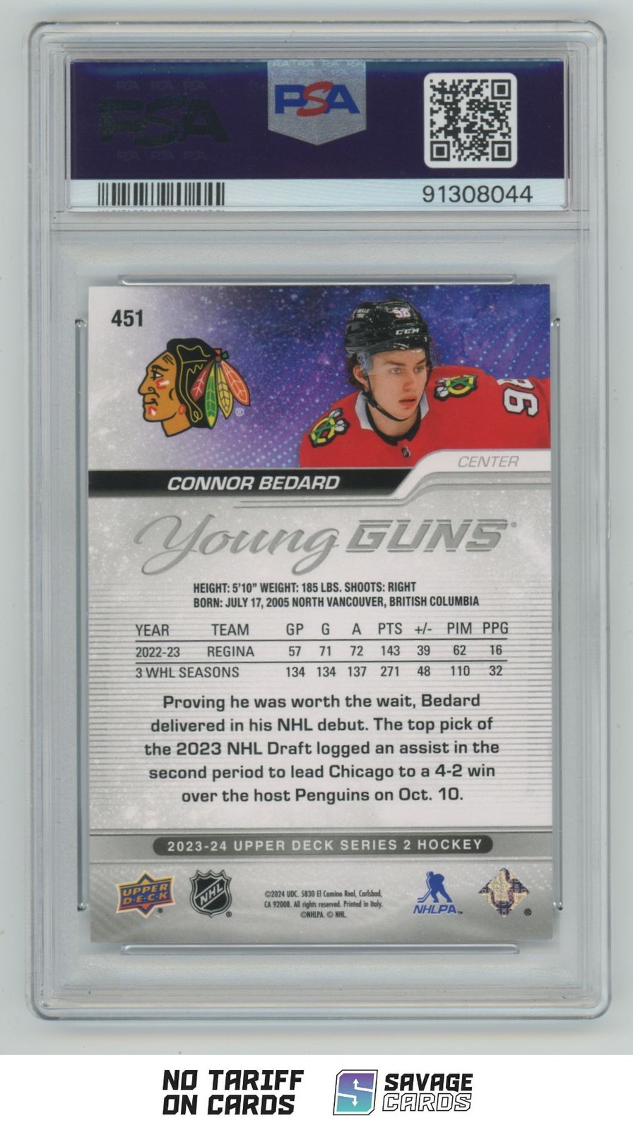 2024-25 Upper Deck Young Guns Outburst Connor Bedard PSA 10 #451 Chicago view 2