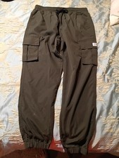 Women's Gray Solid Cargo Jogger Pants Tapered Leg Elastic Waist Drawstring