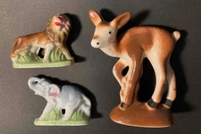 lot 3 Figurines Porcelain Ceramic Fawn Elephant Lion Trunk Up Hand Painted Japan