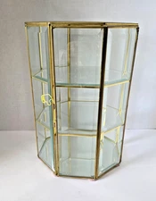 Brass Plated Glass Curio Cabinet Octagon Display 3 Shelves Tabletop 13 1/2" x 9"