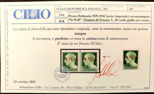 Kingdom, "Imperial" 1943.The 20Lire, CILIO certificate, GI quality, MNH**LUXURY