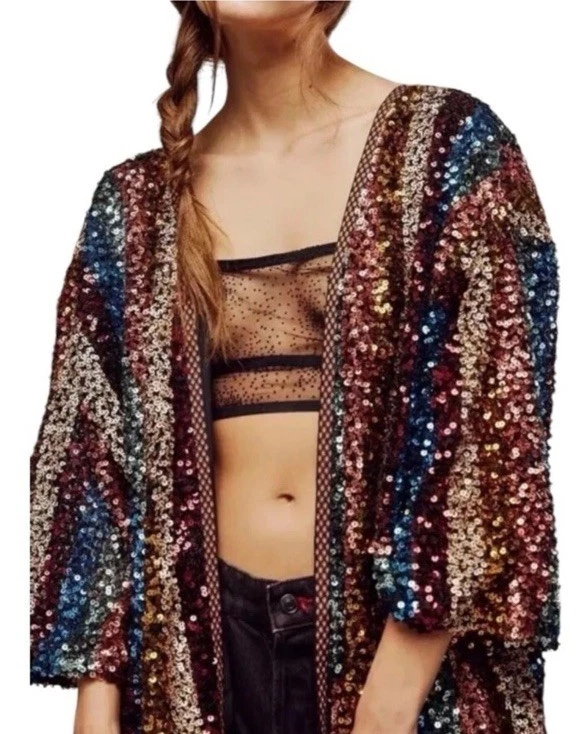 Bata Free People Lentejuelas Prisma Multicolor Rayas Kimono Plumero Chaqueta Boho Glam Foto 2 de 4