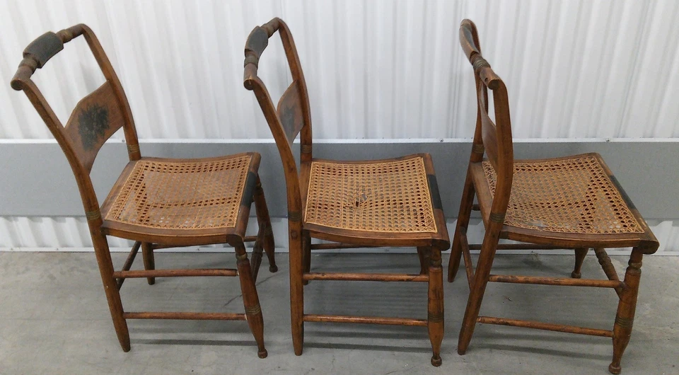 Principios de 1800 - 3 sillas de caña Hitchcock originales pintadas a mano/estampadas Cosecha Foto 2 de 4