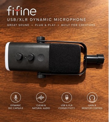 Fifine AM8 USB/XLR Dynamic Cardioid Mic Plug & Play Headphone Monitor Black