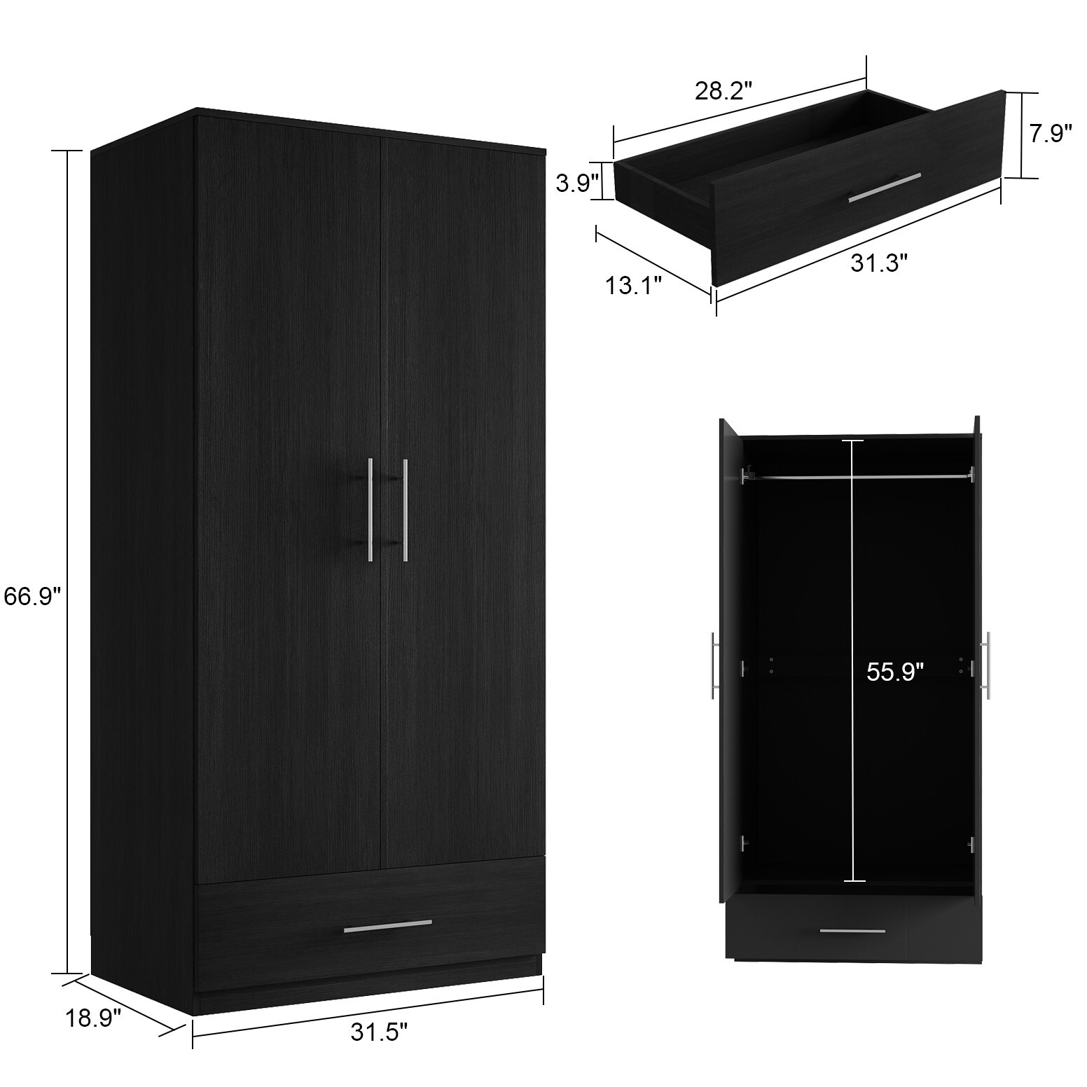 2 Doors Wardrobe Armoire Large Freestanding Armoire Wardrobe Closet
