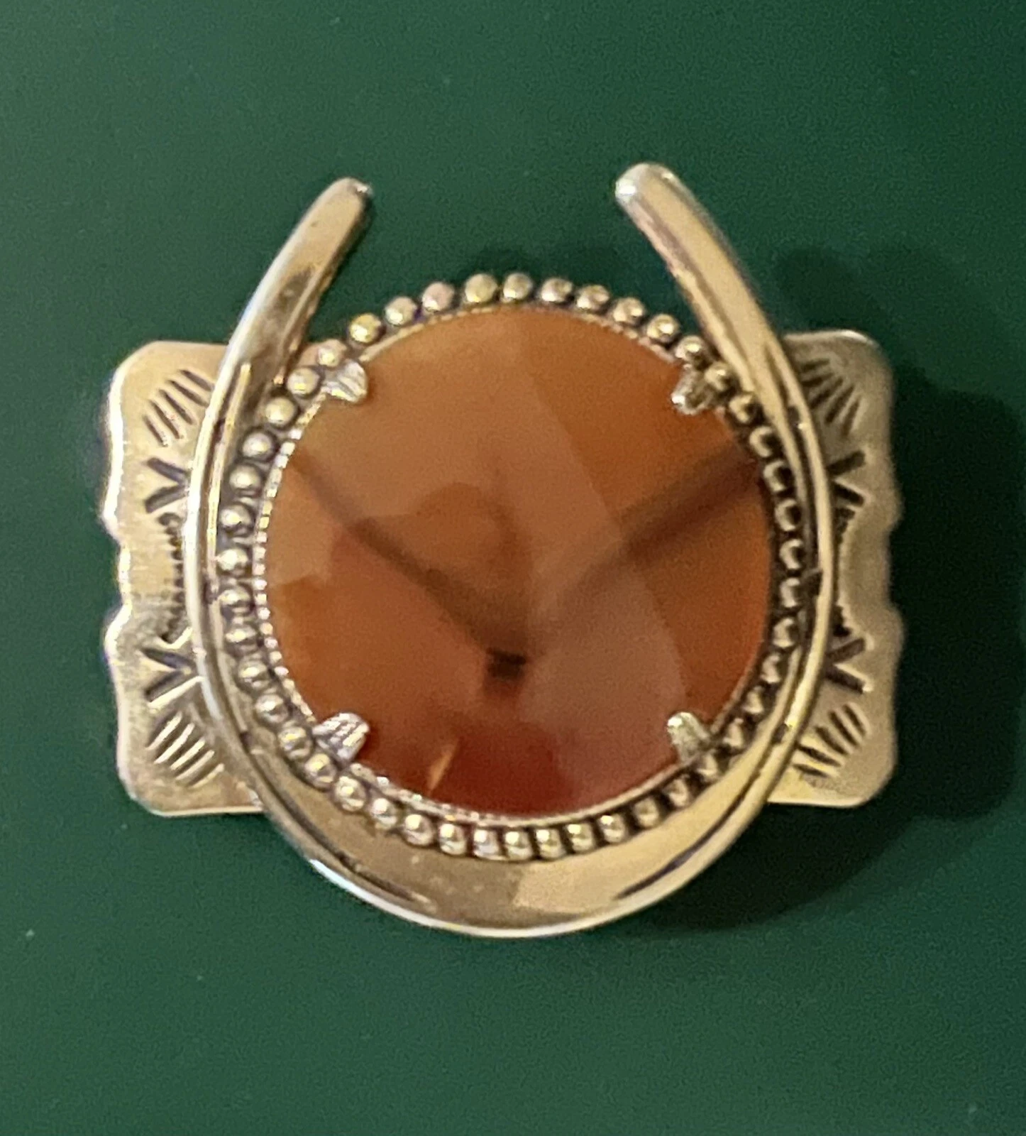 Picture Agate Stone Western Horseshoe Stamped Nickel Silver Belt Buckle
