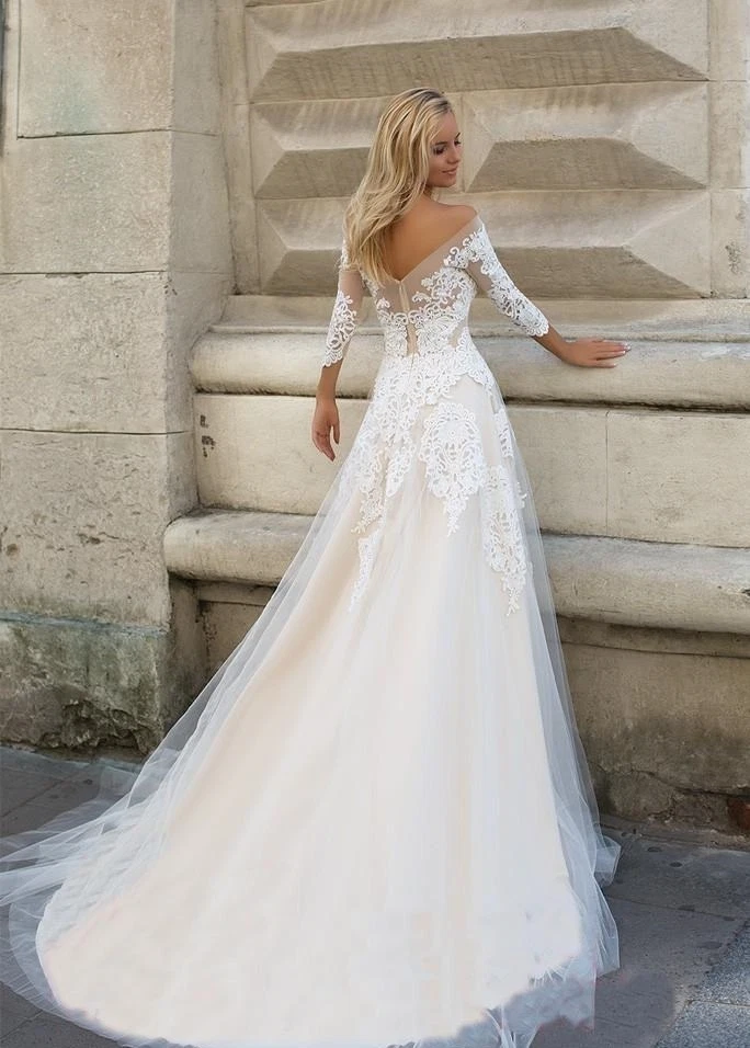 Vintage Scoop 3/4 Sleeves Lace Tulle Wedding Dresses Bridal Gowns Size 2 4 6 8++ - Image 4 of 4