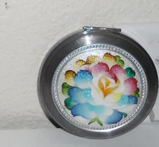 Vintage Nacon Round Silver Enamel Floral Flower Powder Compact with Puff