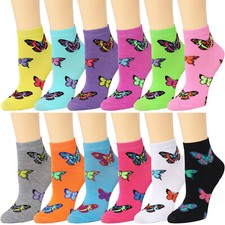 12 Pack Assorted Colors Butterfly Pattern Women Athletic Sport Ankle Socks 9-11