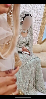 Asian Bridal Dress with Tail Wedding Lengha Pakistani Indian Mint Green Pink  | eBay