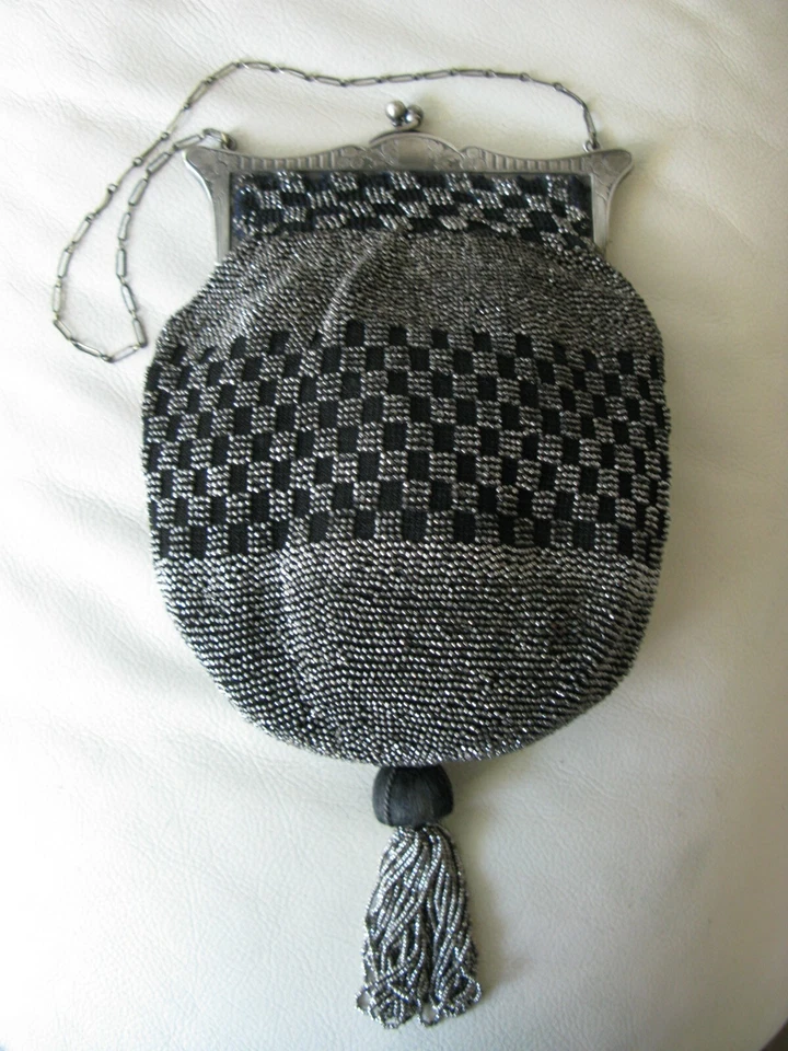 Antique Black Crochet Checkerboard Silver French Steel Micro Bead Tassel Purse - Image 2 of 4