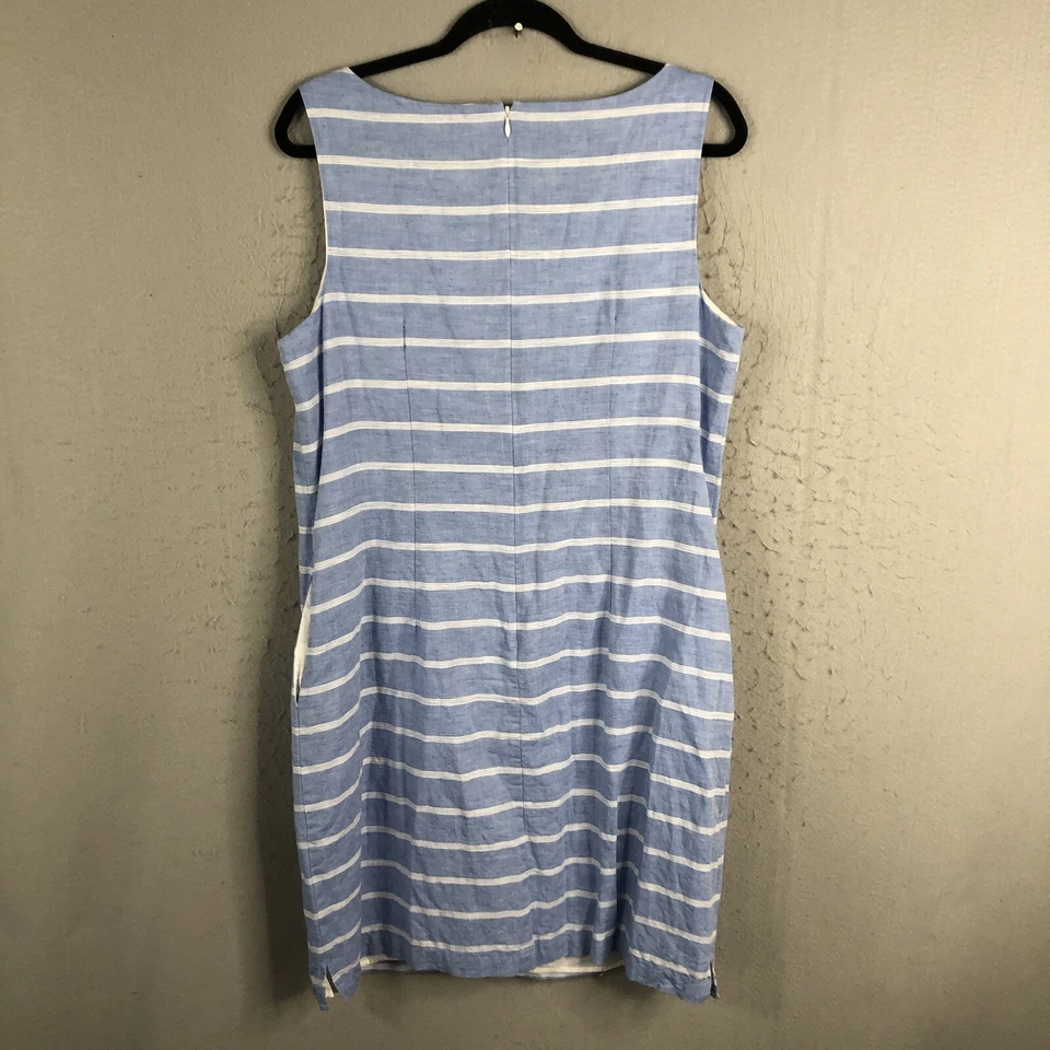 Vestido Talbots Mujer 14 Azul Blanco Rayas Mezcla de Lino Femenino Preppy Solero Foto 4 de 4