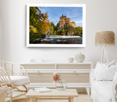 Mountain Print, Waterfall Wall Art, Cloudy Sky Framed Nature Wall Art, Natural