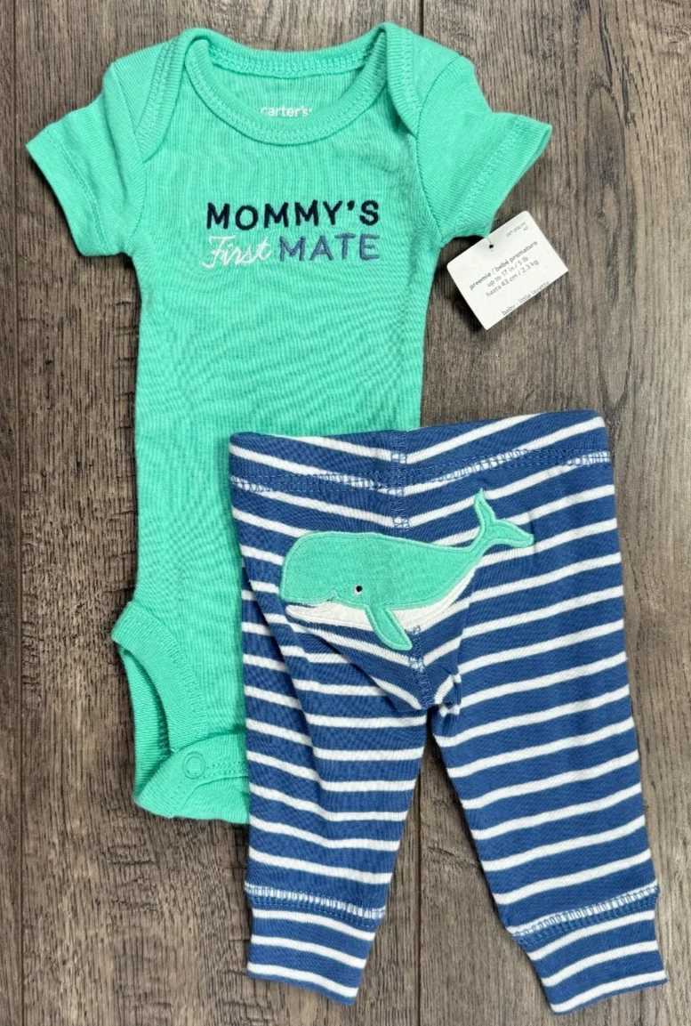 Baby Boy Clothes New Carter's Preemie 2pc First Mate Whale Outfit