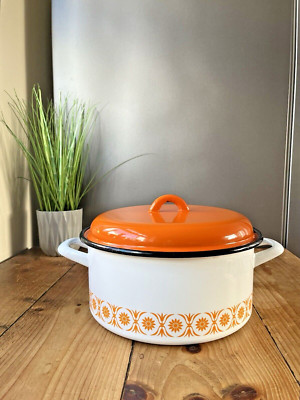 GROSSE RETRO 60ER EMAILLE ORANGE FLOWER POWER AUFLAUFFORM PFANNE TOPF VINTAGE 70er