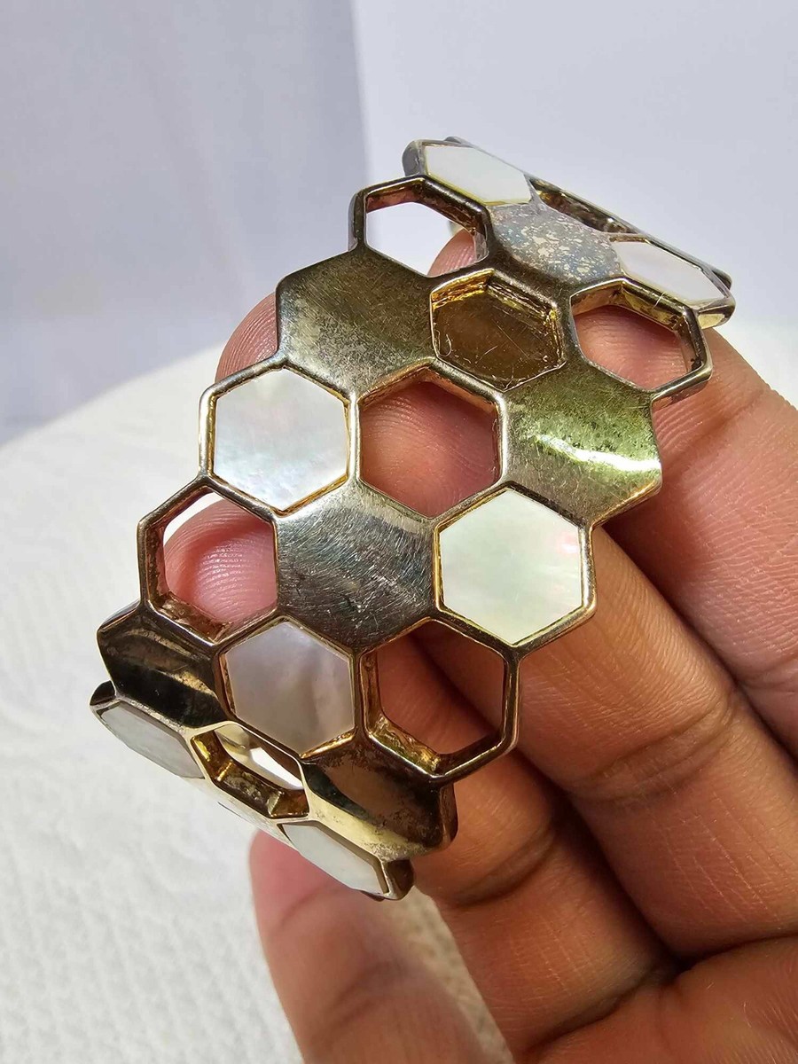 Signed skalli Paris? Cuff bracelet hexagon mother of pearl goldtone thick- READ View 2