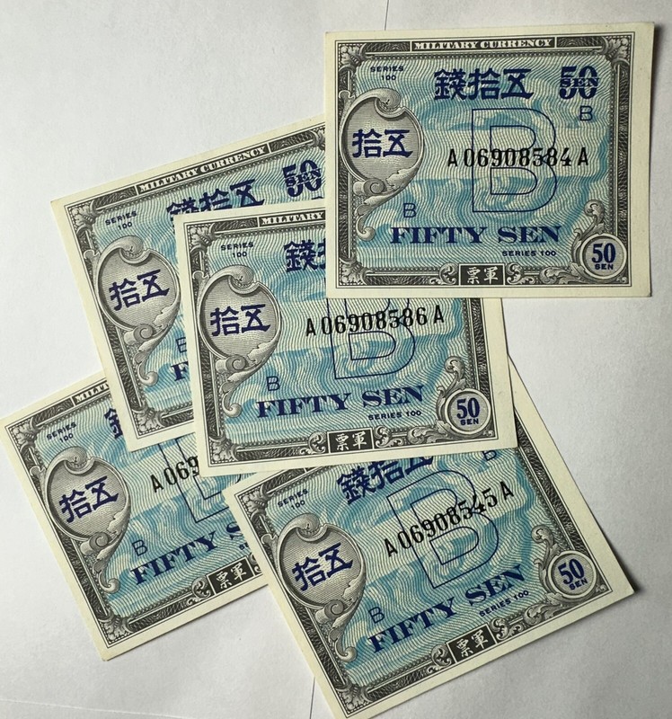 5- 1945 Japanese Military Currency 50 Sen Notes WW2 Crisp UNC Series 100