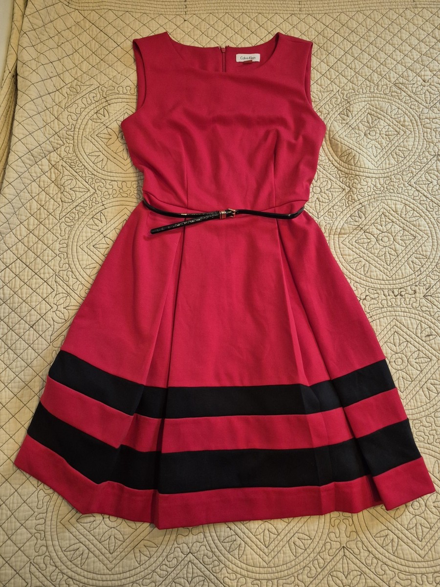 Calvin Klein Women's 6 Fit'n'Flare Pleated Dress Red Belt Ponte Knit
