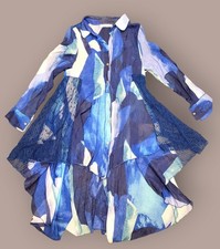 Feratelli Womens Boho Blue Multi Button Down High Low Blouse Tunik Size 8