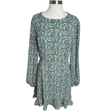 Lulus Mini Dress Womens XL Green Floral Ruffled Hem Cut Out Back Long Sleeve