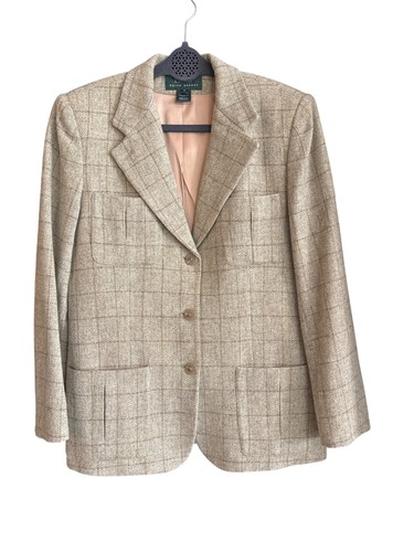 Lauren Ralph Lauren, Vtg Lauren Ralph Lauren Wool Herringbone Blazer 12 Beige Check Made in USA Lined