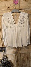 Beautiful White V Neck Cutwork Vicose Long Sleeve Summer Top NWT